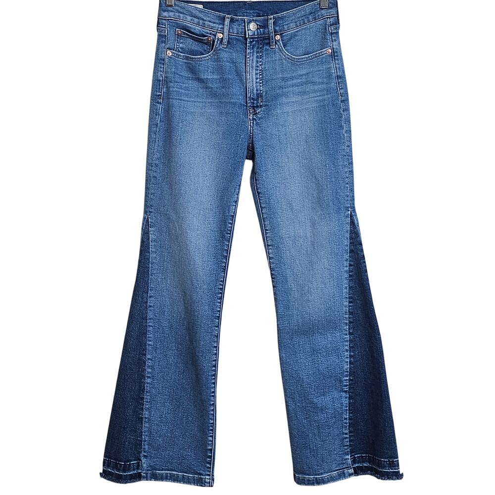 Gap 70s Flare High Rise Jeans Womens 28 Short Blue Colorblock Panel Denim